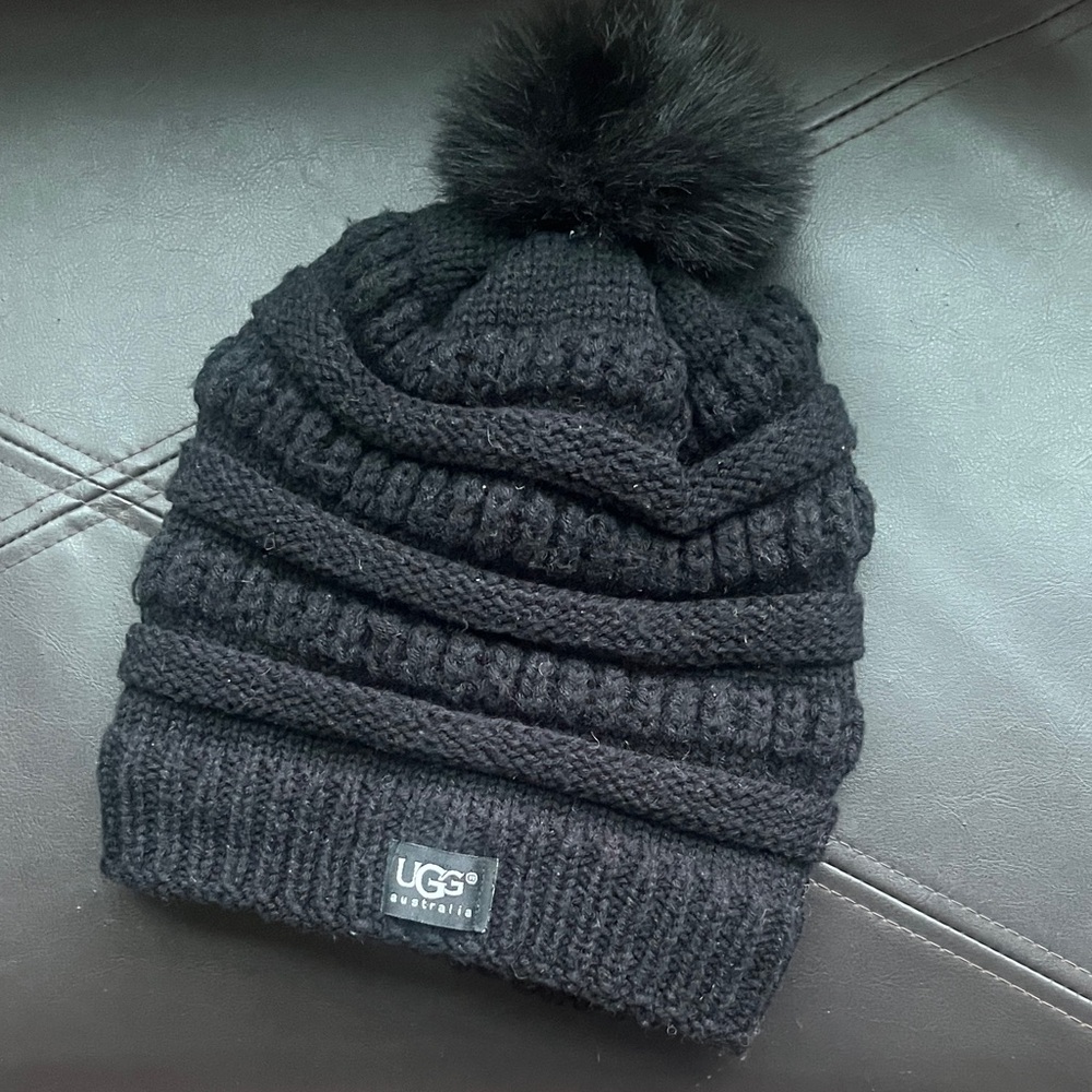 UGG Black Knit Beanie with Pom-Pom